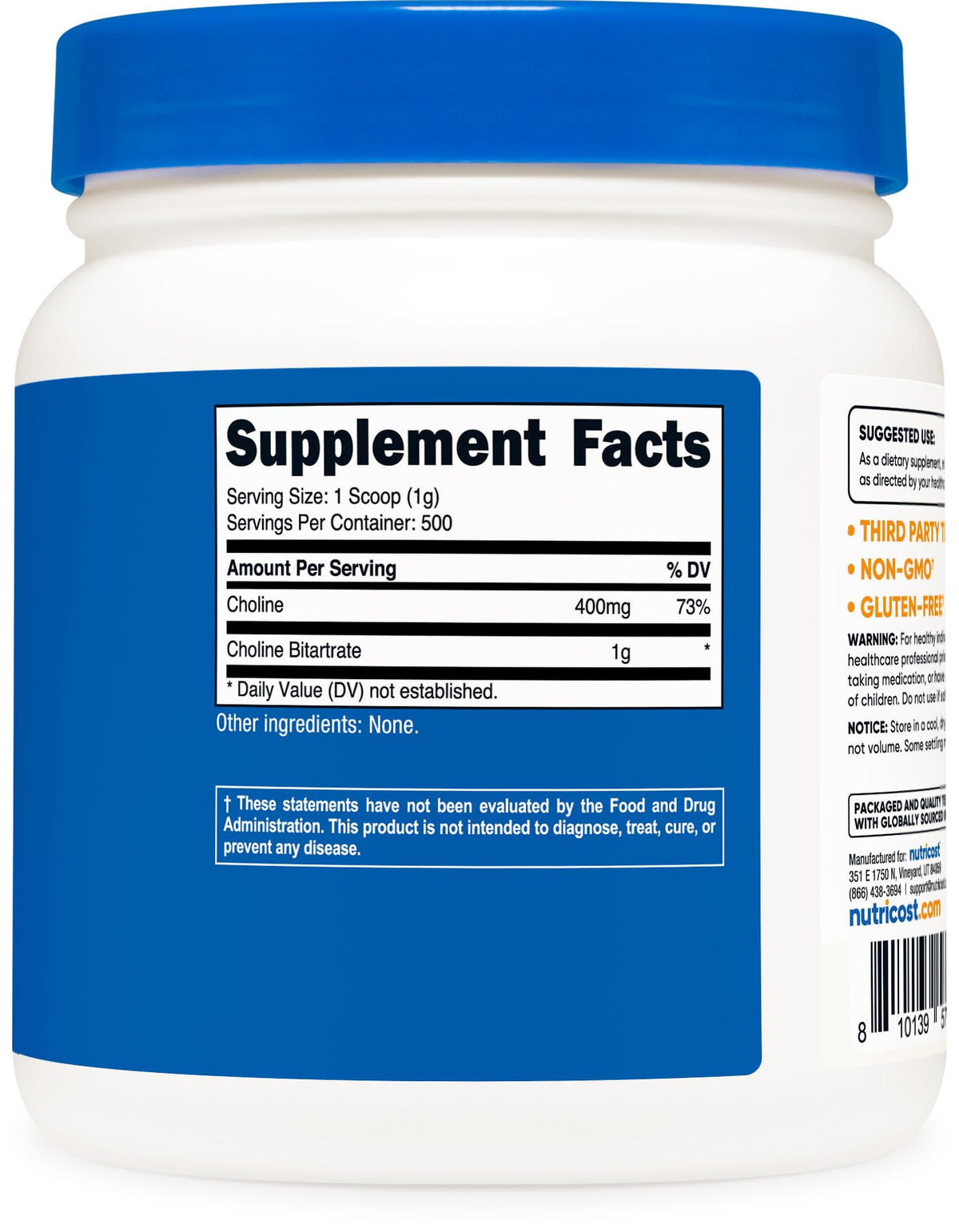 Nutricost Poudre de Choline Bitartrate 500g sur une table