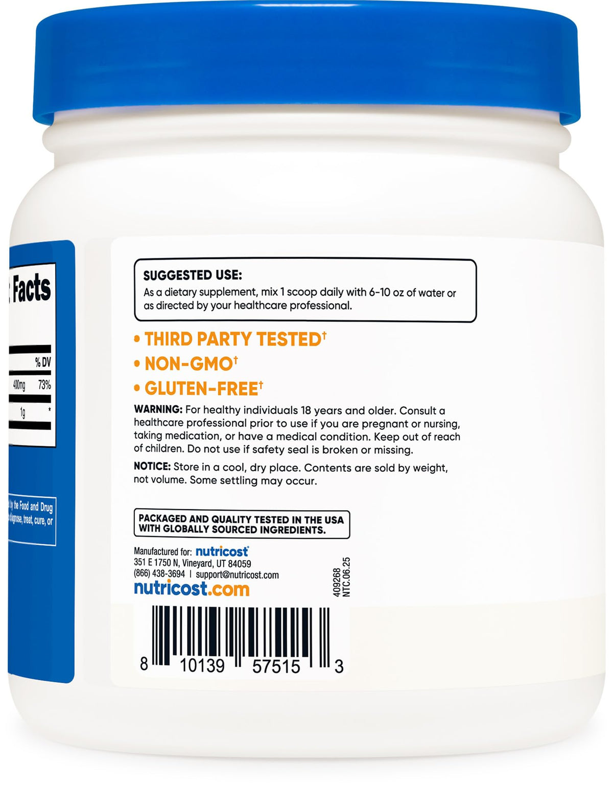 Nutricost Poudre de Choline Bitartrate 500g vue de dos