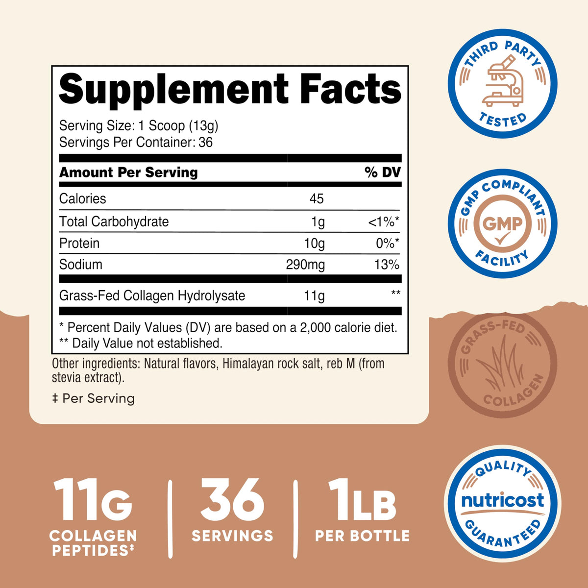 Nutricost Poudre de Collagène, informations nutritionnelles au dos