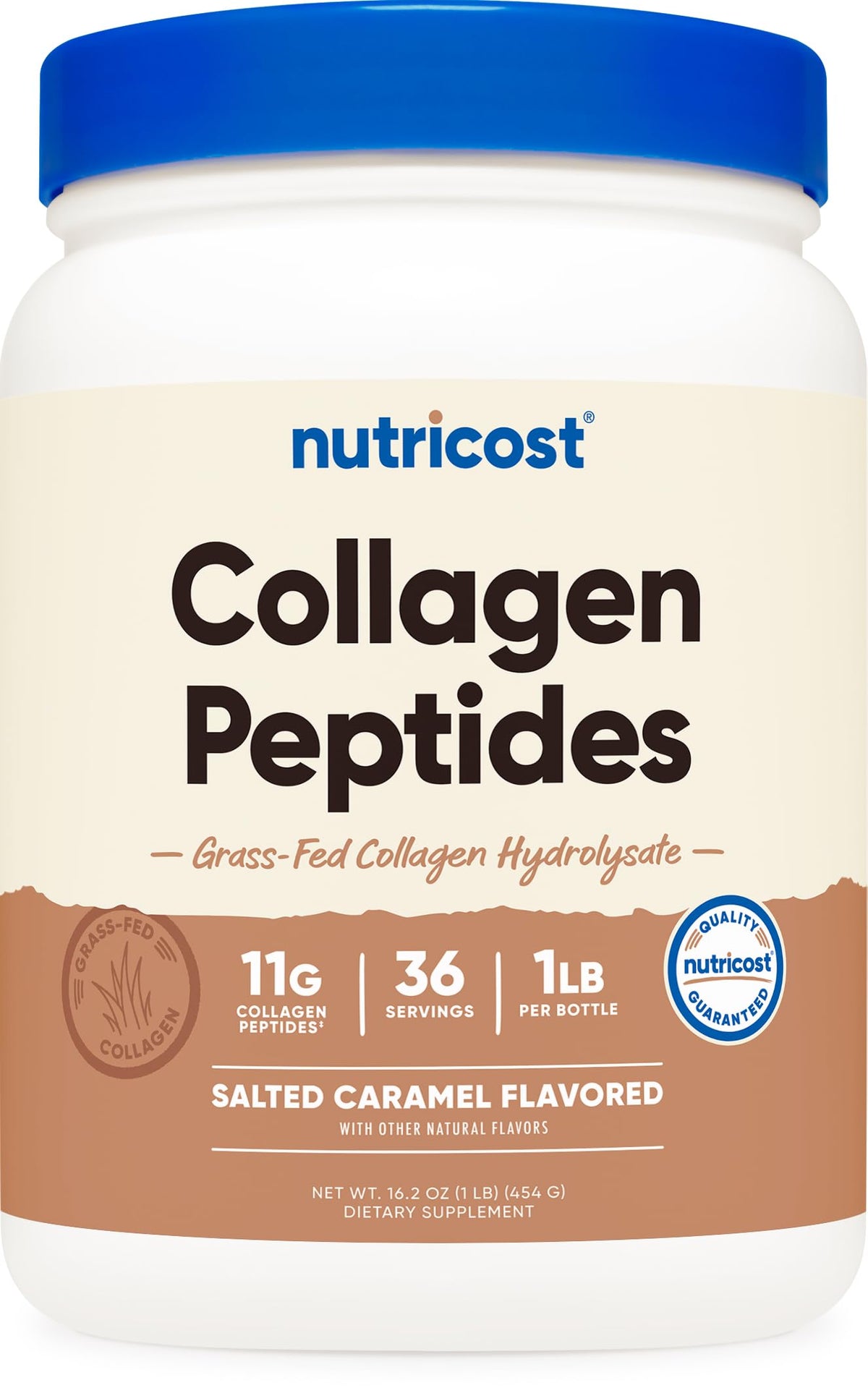 Nutricost Poudre de Collagène Peptides 454 g Caramel Salé, vue de face