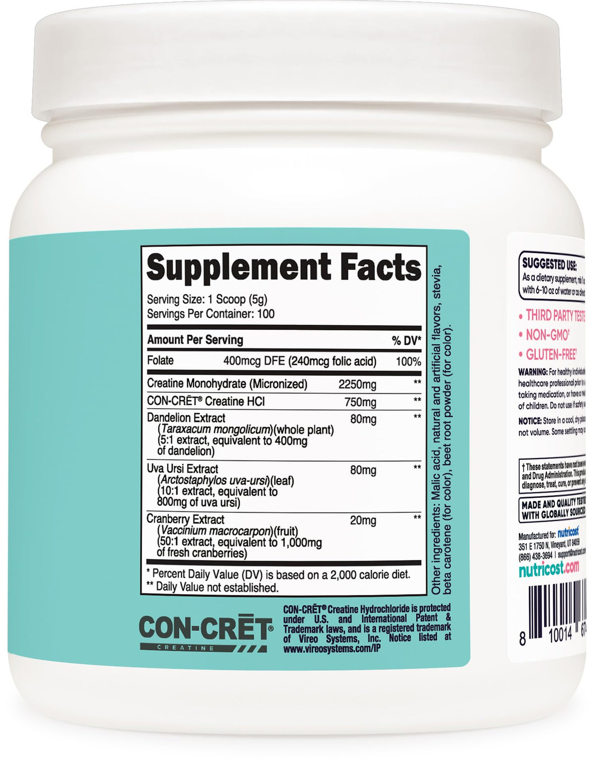 Nutricost Poudre de Créatine Monohydrate 100 Servings à côté d'une bouteille d'eau