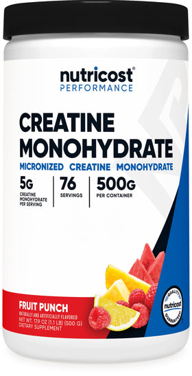 Nutricost Poudre de Créatine Monohydrate 500g Saveur Punch aux Fruits vue de face