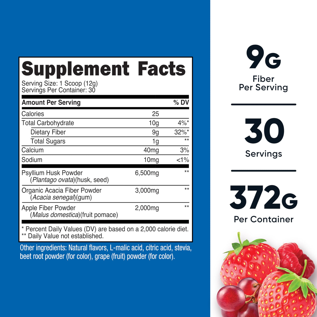 Nutricost Poudre de Fibre Soluble Saveur Baie 30 Portions étiquette