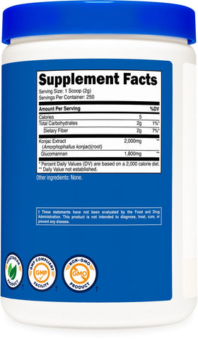Nutricost Poudre de Glucomannane 500 g sur une table de cuisine
