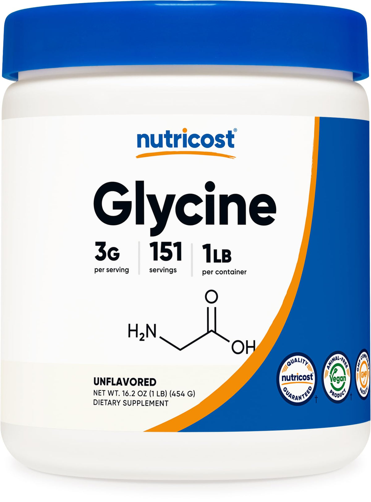 Nutricost Poudre de Glycine 454g vue avant avec cuillère doseuse