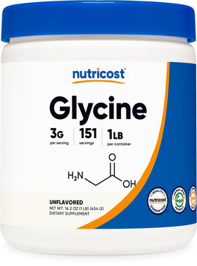 Nutricost Poudre de Glycine 454g vue avant avec cuillère doseuse