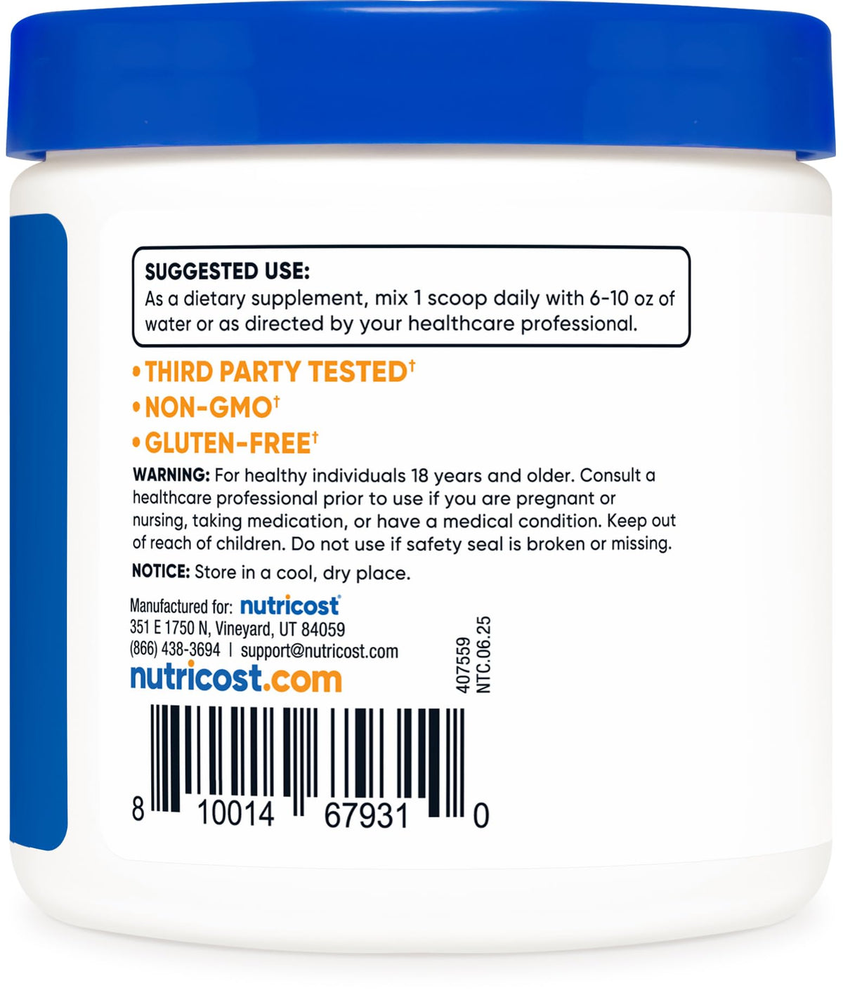 Nutricost Poudre de L-Carnitine Tartrate 100 g côté bouteille