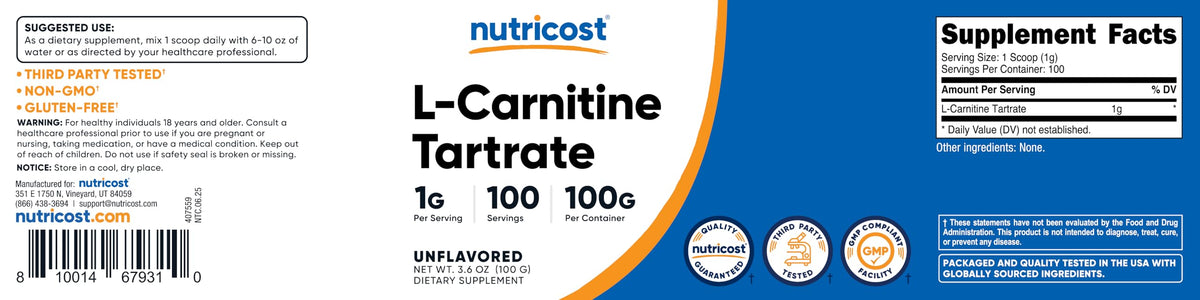 Nutricost Poudre de L-Carnitine Tartrate 100 g en action dans un smoothie