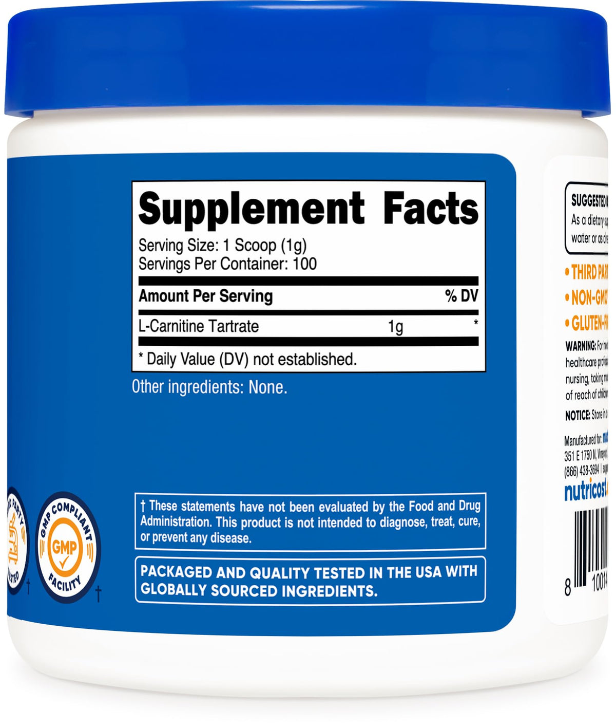 Nutricost Poudre de L-Carnitine Tartrate 100 g en milieu naturel