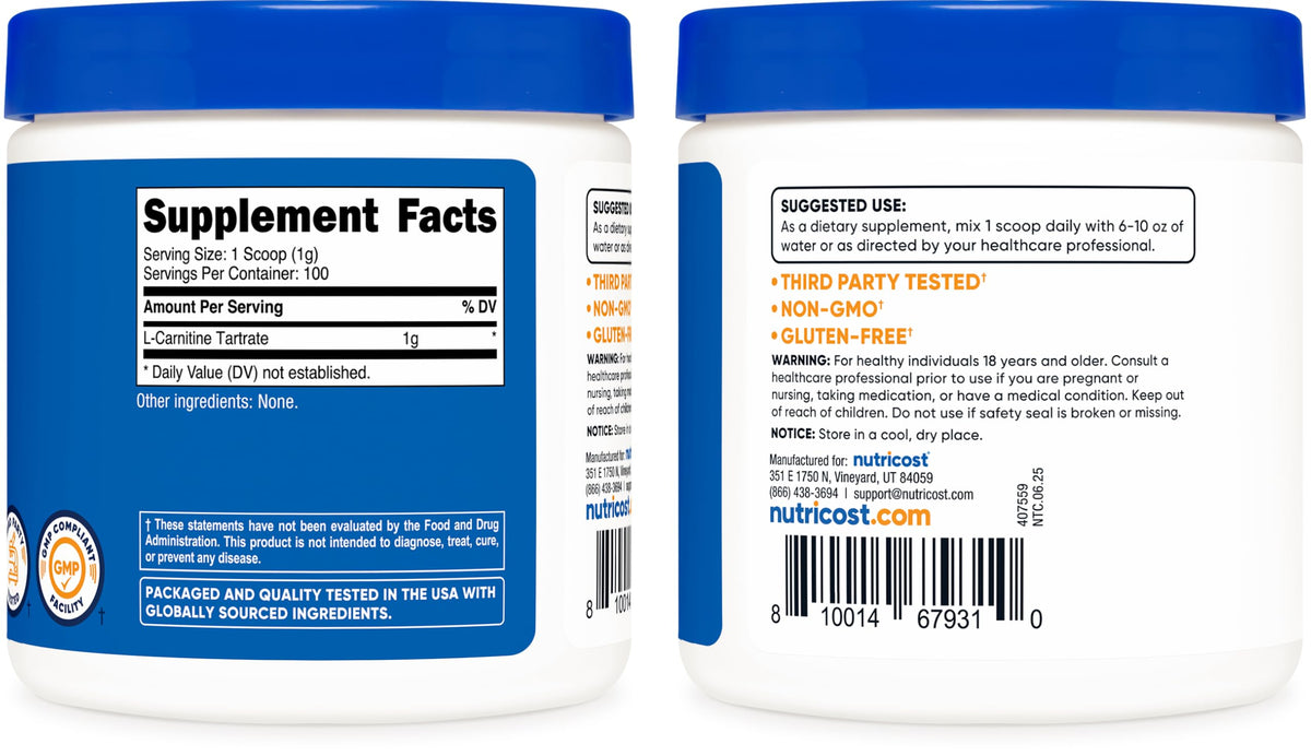 Nutricost Poudre de L-Carnitine Tartrate 100 g étiquette