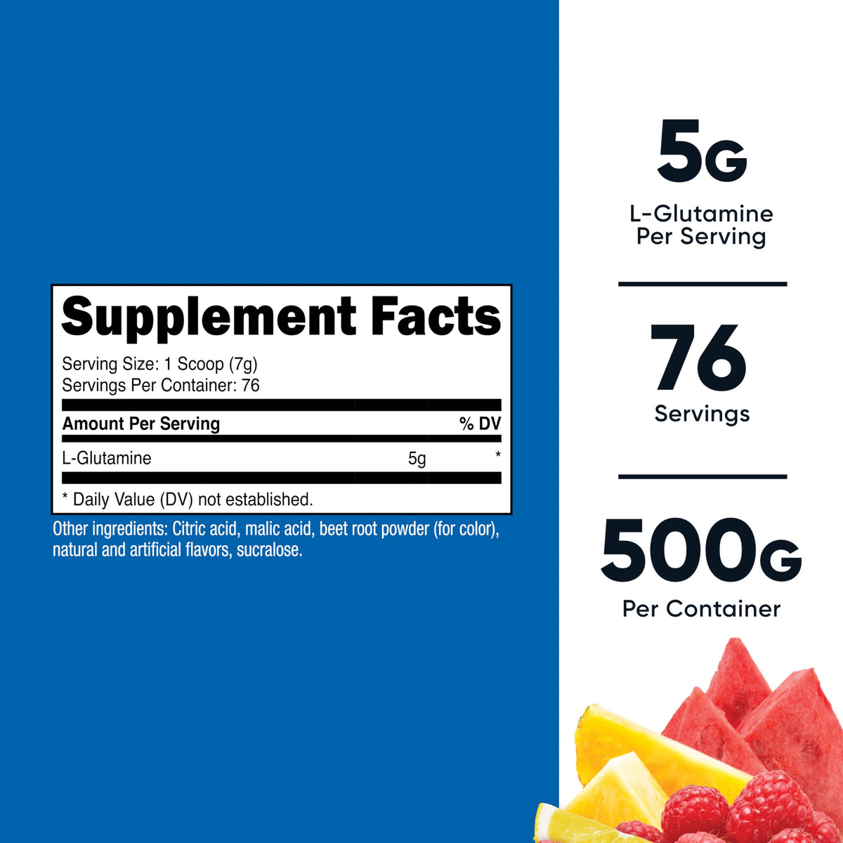 Nutricost Poudre de L-Glutamine 500 g Saveur Fruit Punch étiquette détaillée