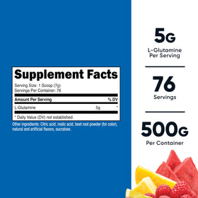 Nutricost Poudre de L-Glutamine 500 g Saveur Fruit Punch étiquette détaillée