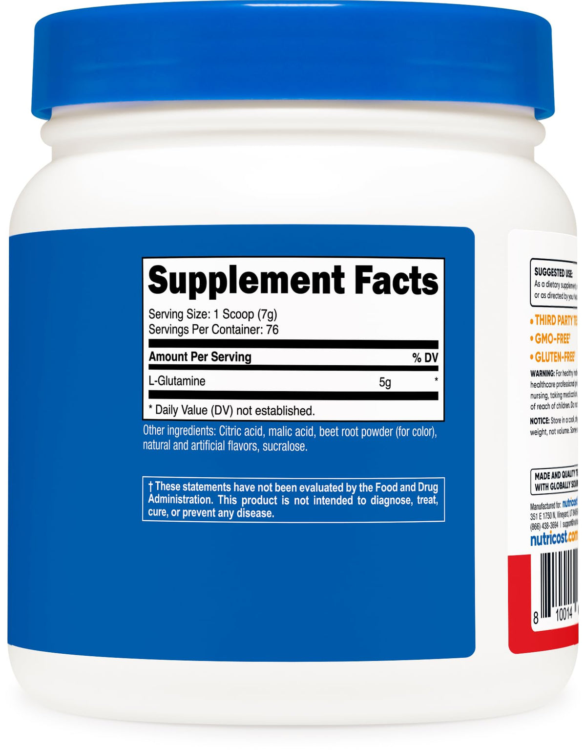 Nutricost Poudre de L-Glutamine 500 g Saveur Fruit Punch packaging
