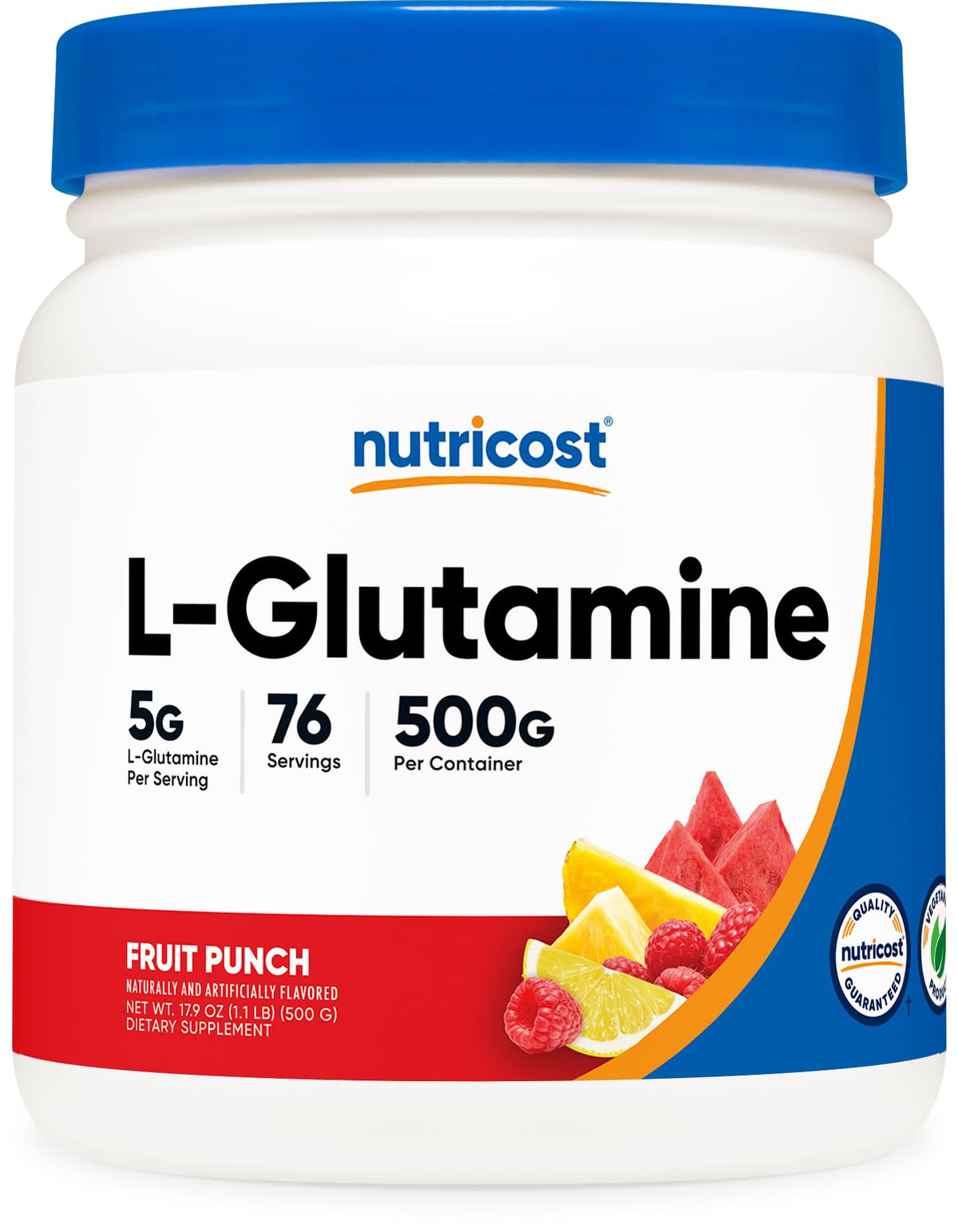 Nutricost Poudre de L-Glutamine 500 g Saveur Fruit Punch vue de face