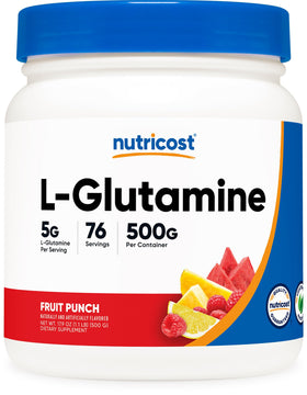 Nutricost Poudre de L-Glutamine 500 g Saveur Fruit Punch vue de face