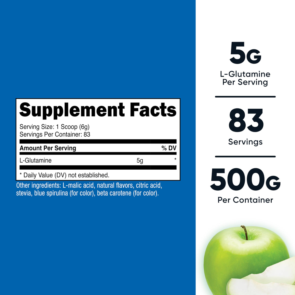 Nutricost Poudre de L-Glutamine 500g Saveur Pomme Verte en vue latérale