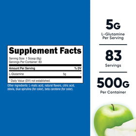 Nutricost Poudre de L-Glutamine 500g Saveur Pomme Verte en vue latérale