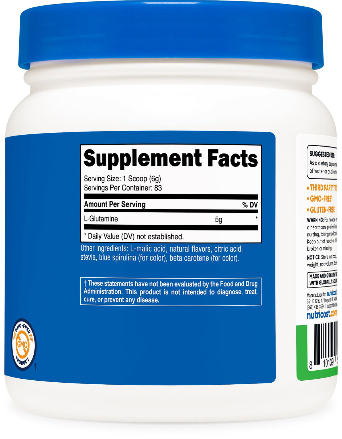 Nutricost Poudre de L-Glutamine 500g Saveur Pomme Verte sur une table en bois