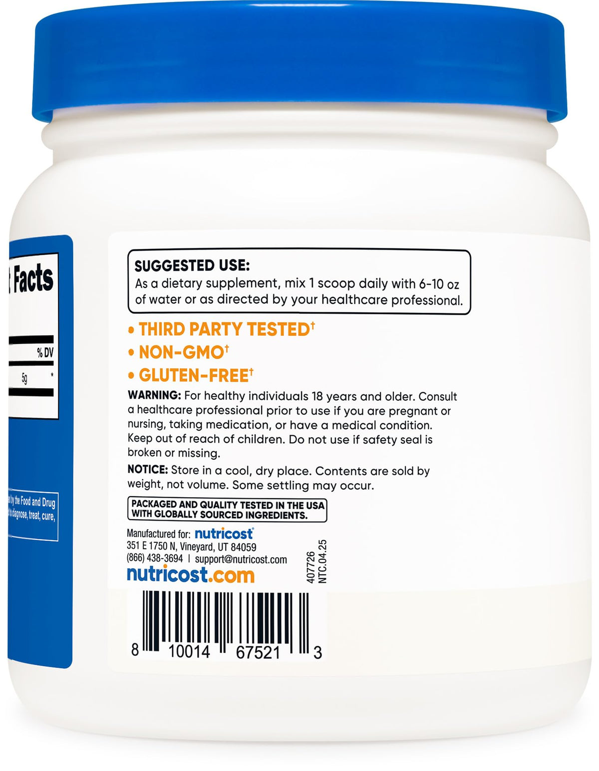 Nutricost Poudre de L-Glutamine 500G sur une surface de cuisine