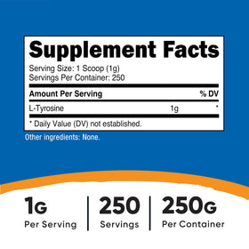 Nutricost Poudre de L-Tyrosine Pure 250g - étiquette et dosage