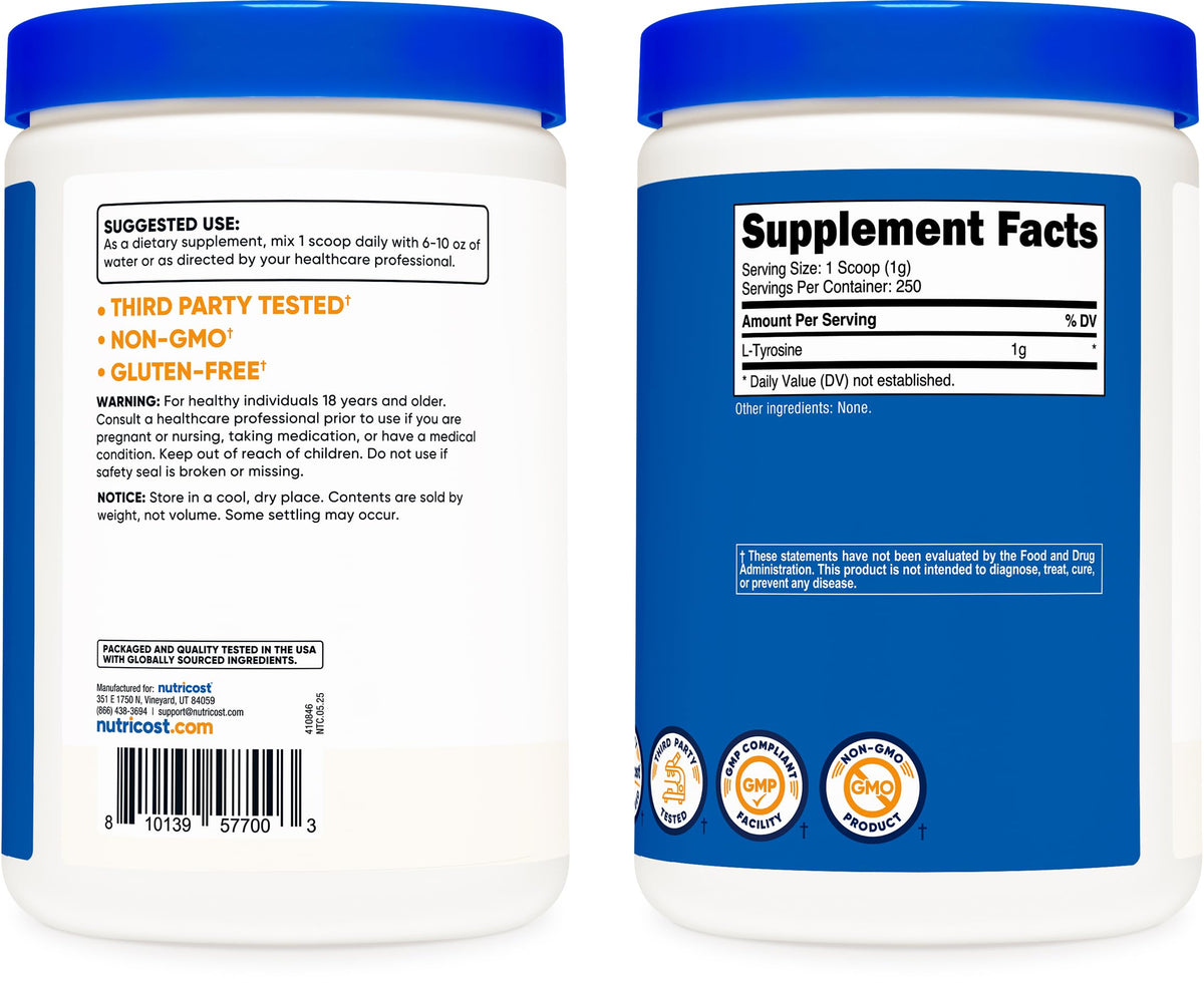 Nutricost Poudre de L-Tyrosine Pure 250g - taille comparée à un objet