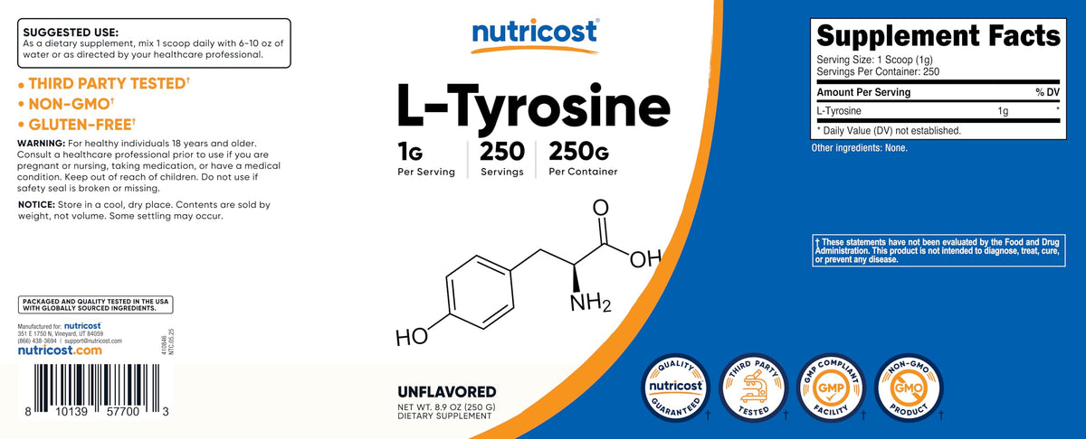 Nutricost Poudre de L-Tyrosine Pure 250g - vue de dos