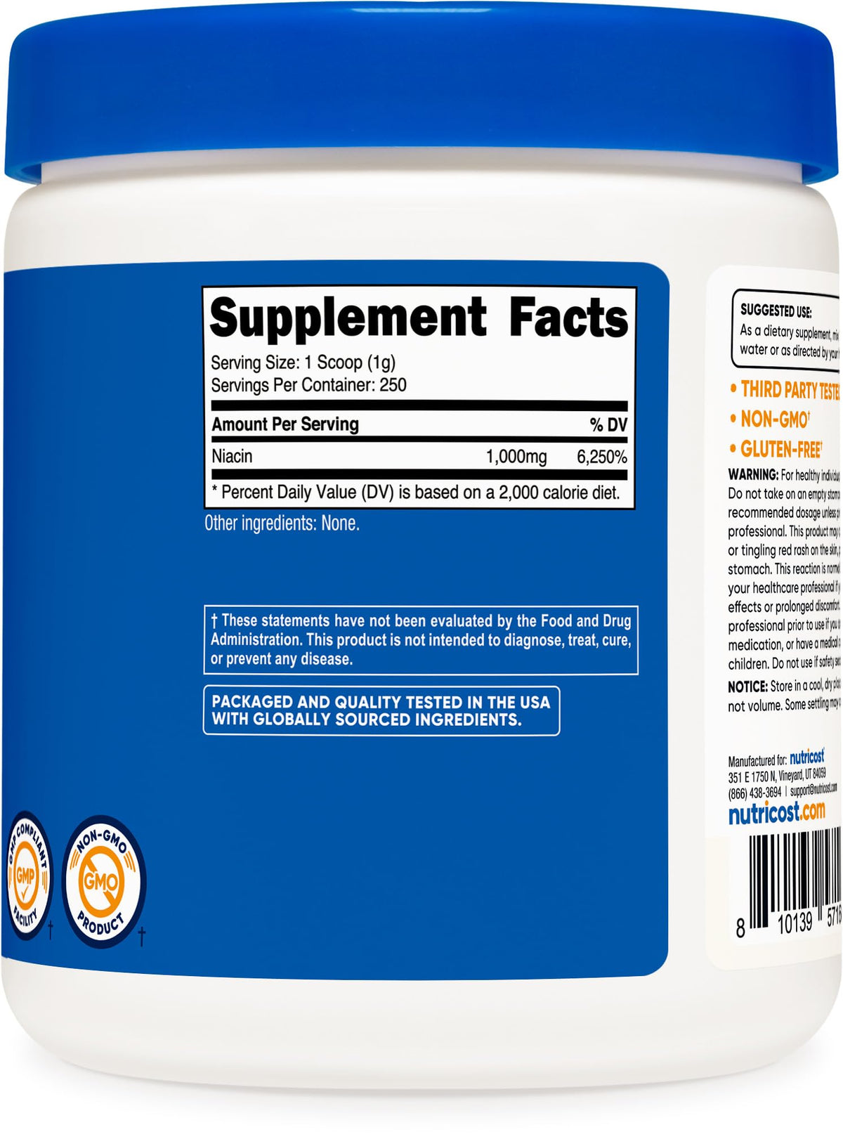 Nutricost Poudre de Niacine 250 g contenant ouvert