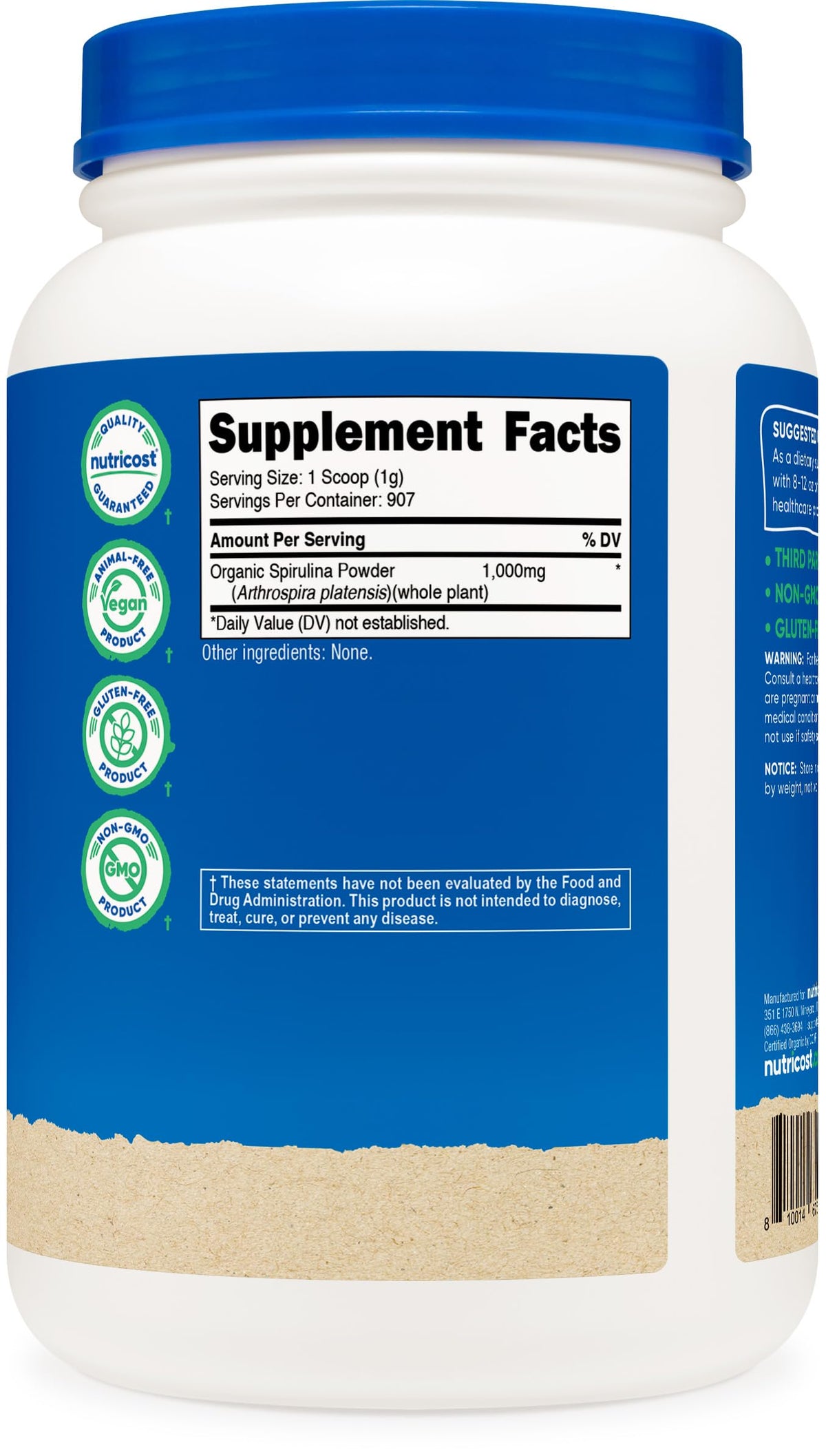 Nutricost Poudre de Spiruline Bio 1030g avec aliments santé