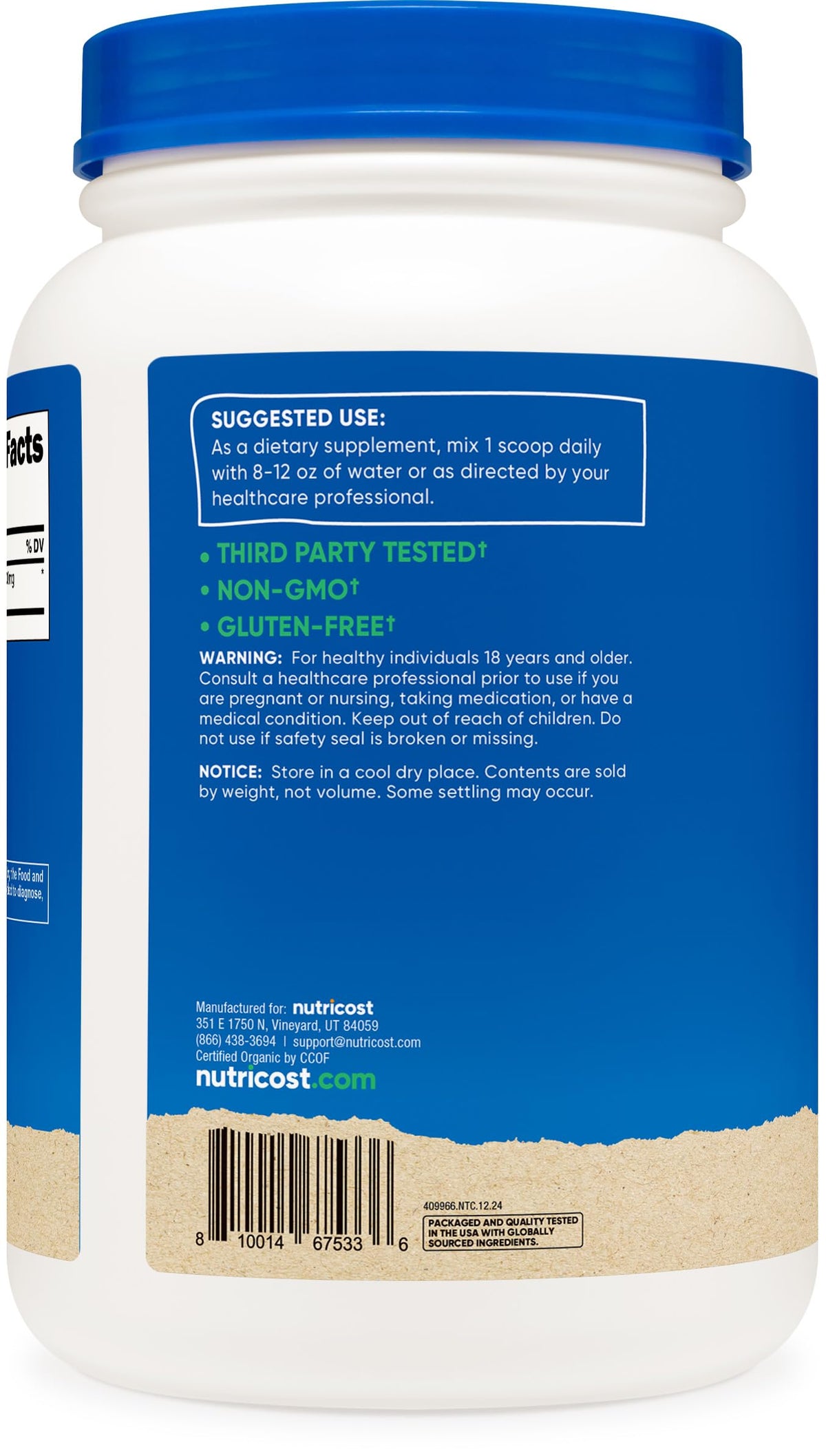 Nutricost Poudre de Spiruline Bio 1030g en bouteille