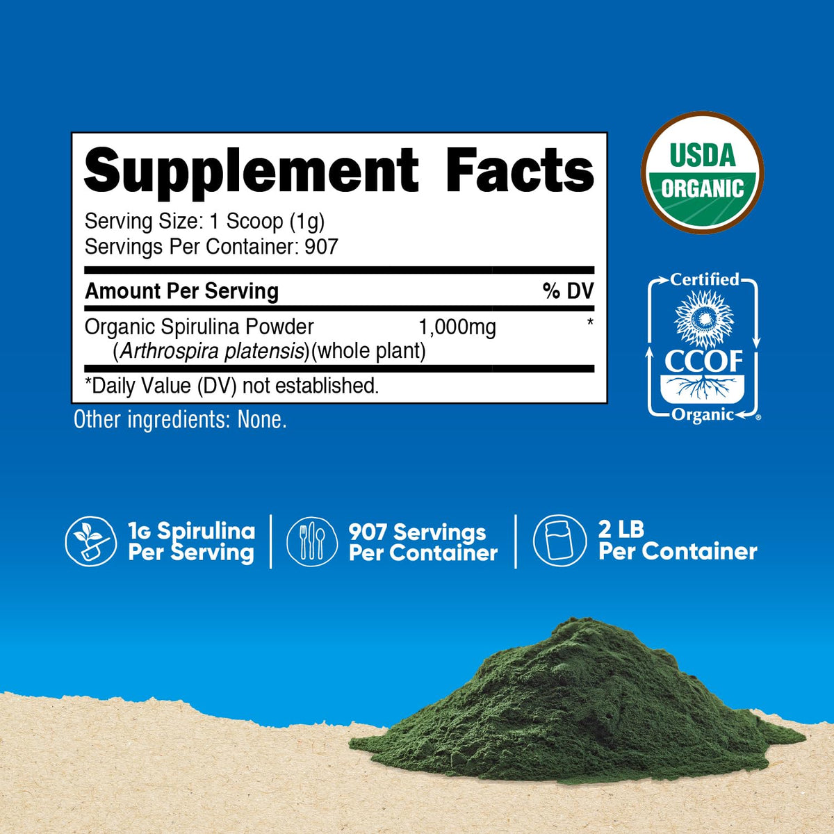 Nutricost Poudre de Spiruline Bio 1030g en cuisine avec cuillère doseuse