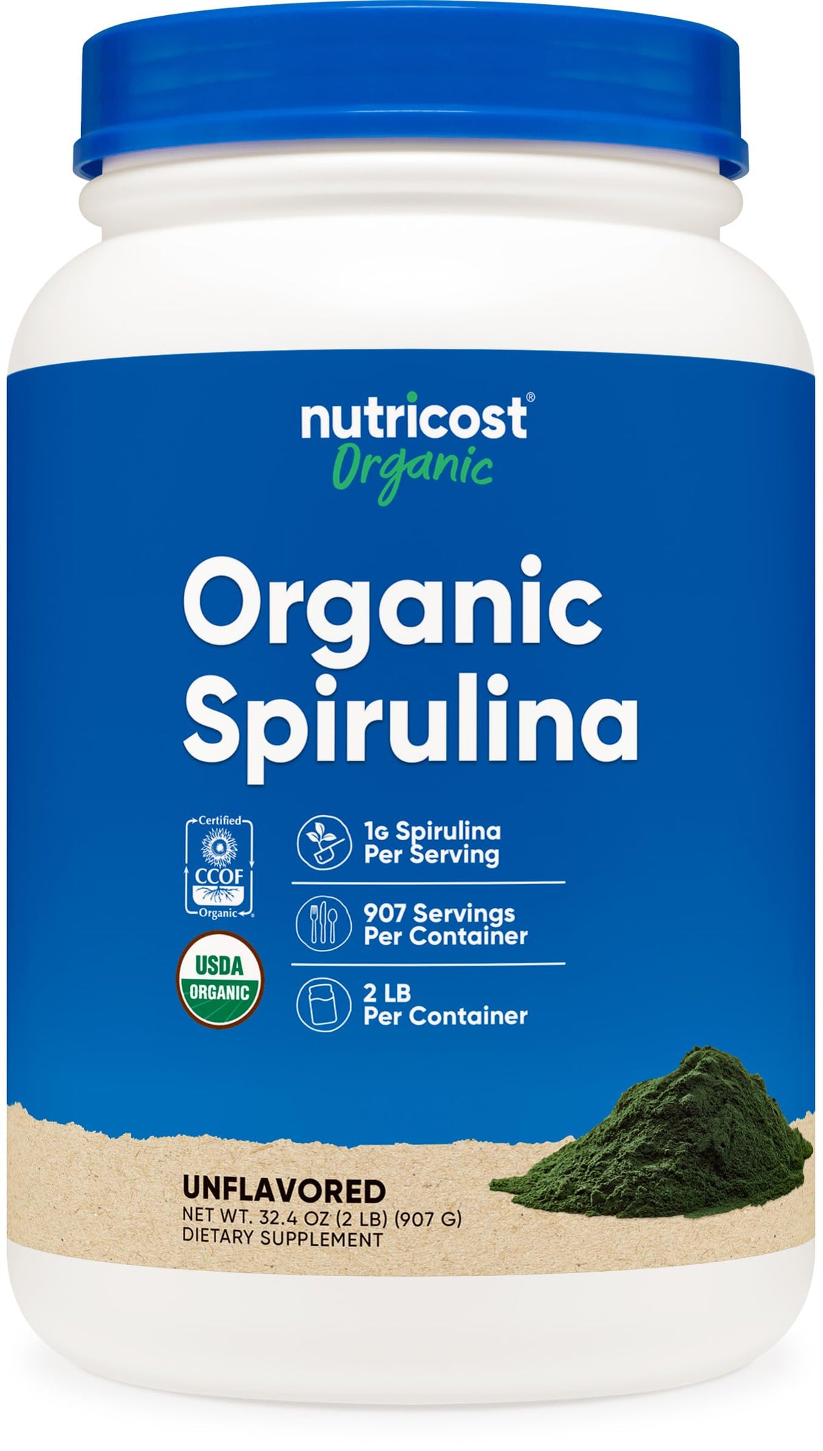 Nutricost Poudre de Spiruline Bio 1030g vue avant avec étiquette