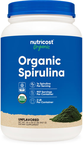 Nutricost Poudre de Spiruline Bio 1030g vue avant avec étiquette