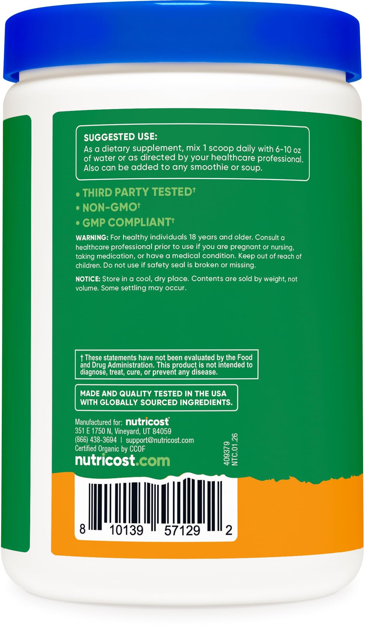 Nutricost Poudre de Super Greens Bio Saveur Orange dans un verre