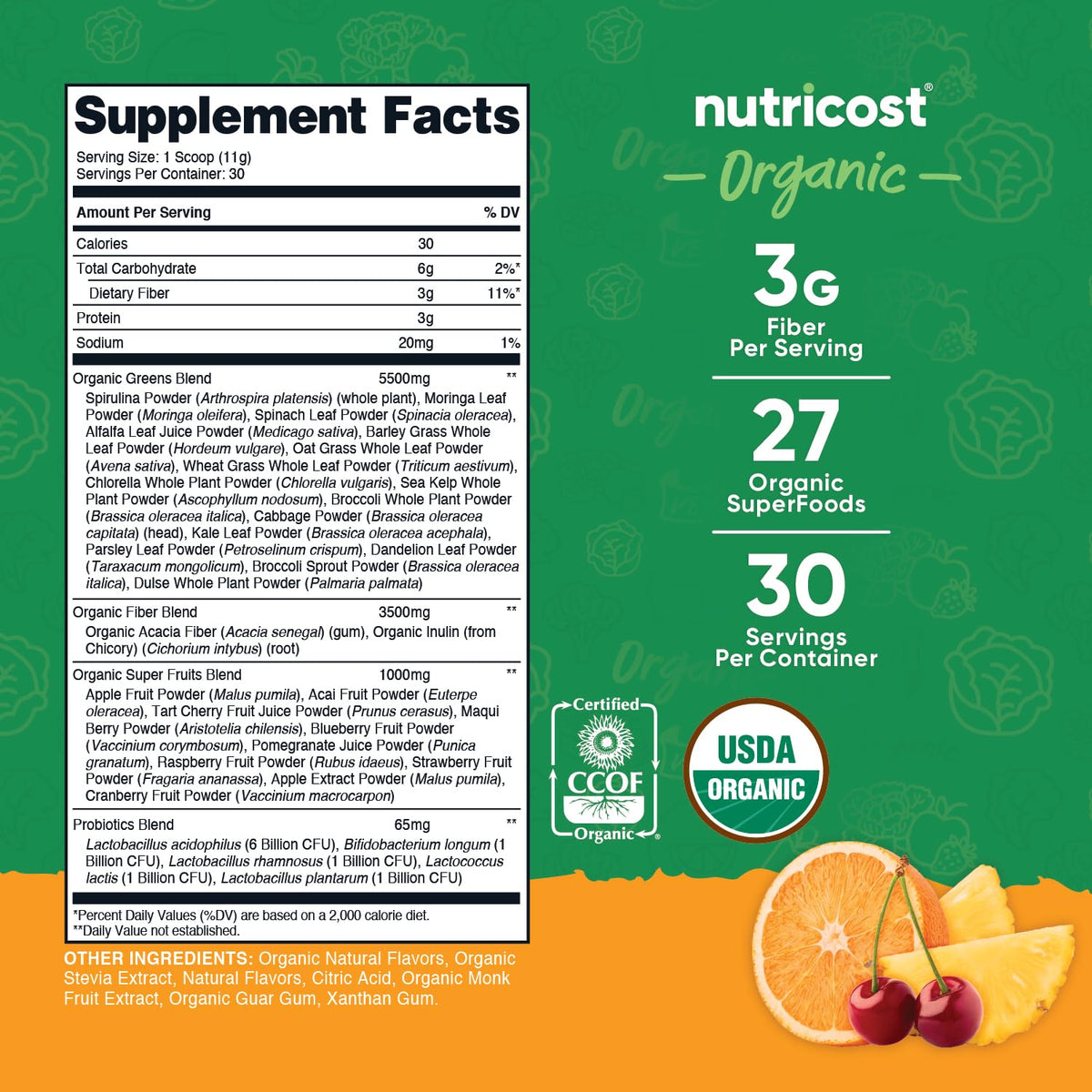 Nutricost Poudre de Super Greens Bio Saveur Orange emballage