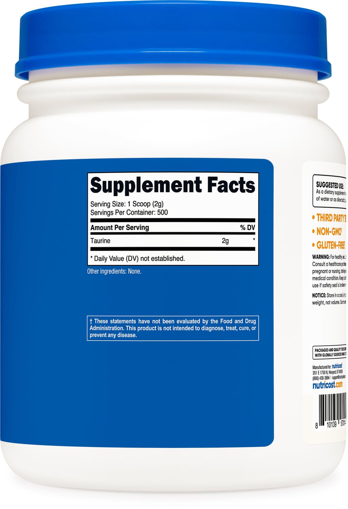 Nutricost Poudre de Taurine sur une table avec d'autres suppléments
