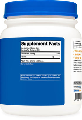 Nutricost Poudre de Taurine sur une table avec d'autres suppléments