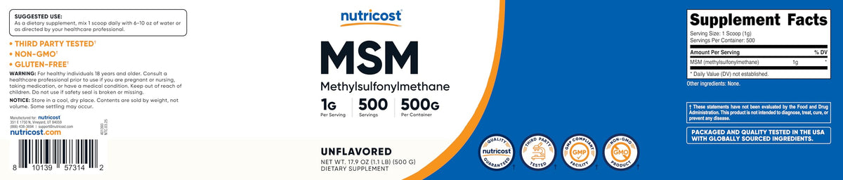 Nutricost Poudre Pure MSM 500g à côté d'autres compléments alimentaires