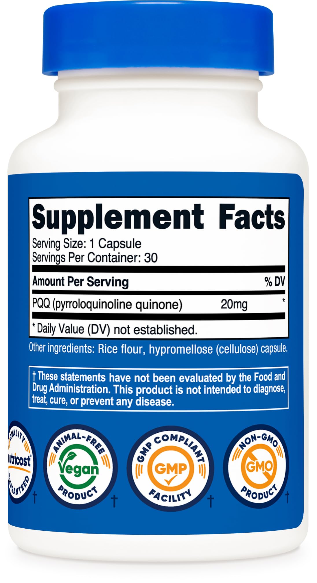 Nutricost PQQ 20mg avec couvercle bleu sur fond neutre