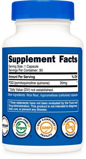 Nutricost PQQ 20mg avec couvercle bleu sur fond neutre