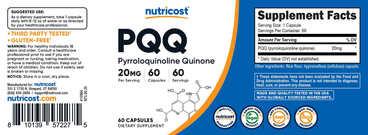 Nutricost PQQ 20mg sur un bureau avec des accessoires de santé