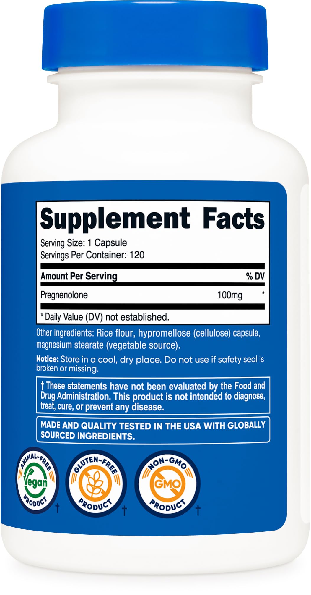 Nutricost Pregnenolone 100mg illustrant le produit et ses capsules