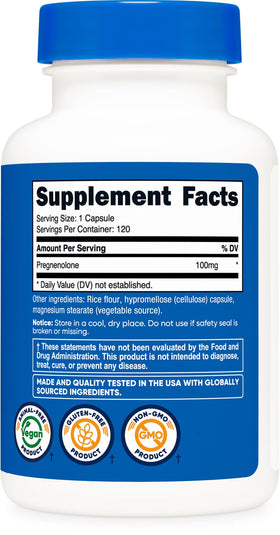 Nutricost Pregnenolone 100mg illustrant le produit et ses capsules