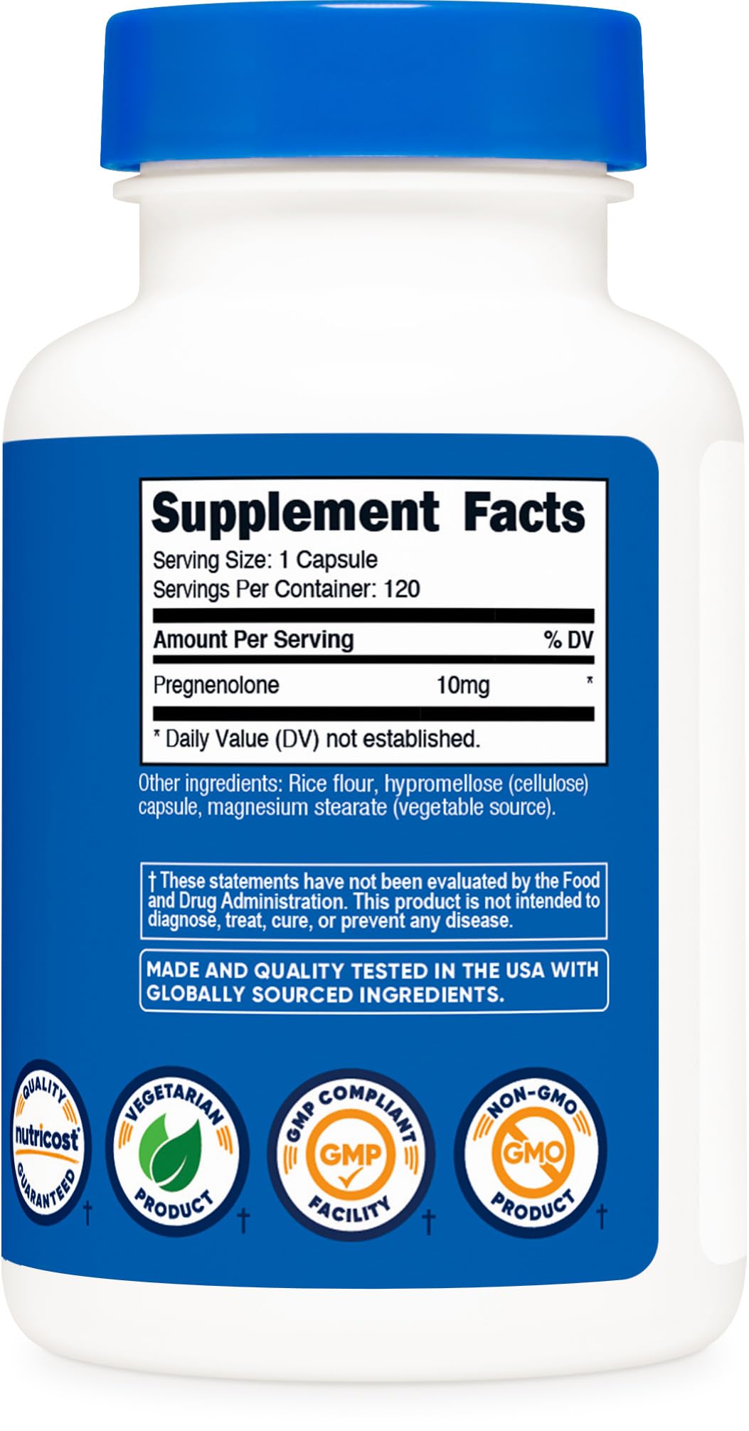 Nutricost Pregnenolone 10mg étiquette avec spécifications