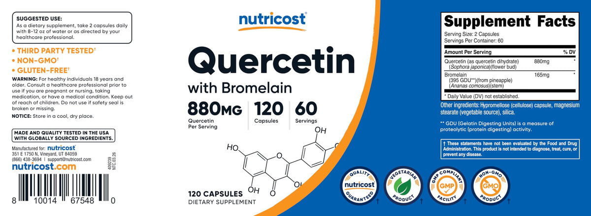 Nutricost Quercétine 880mg capsules végétariennes sur table