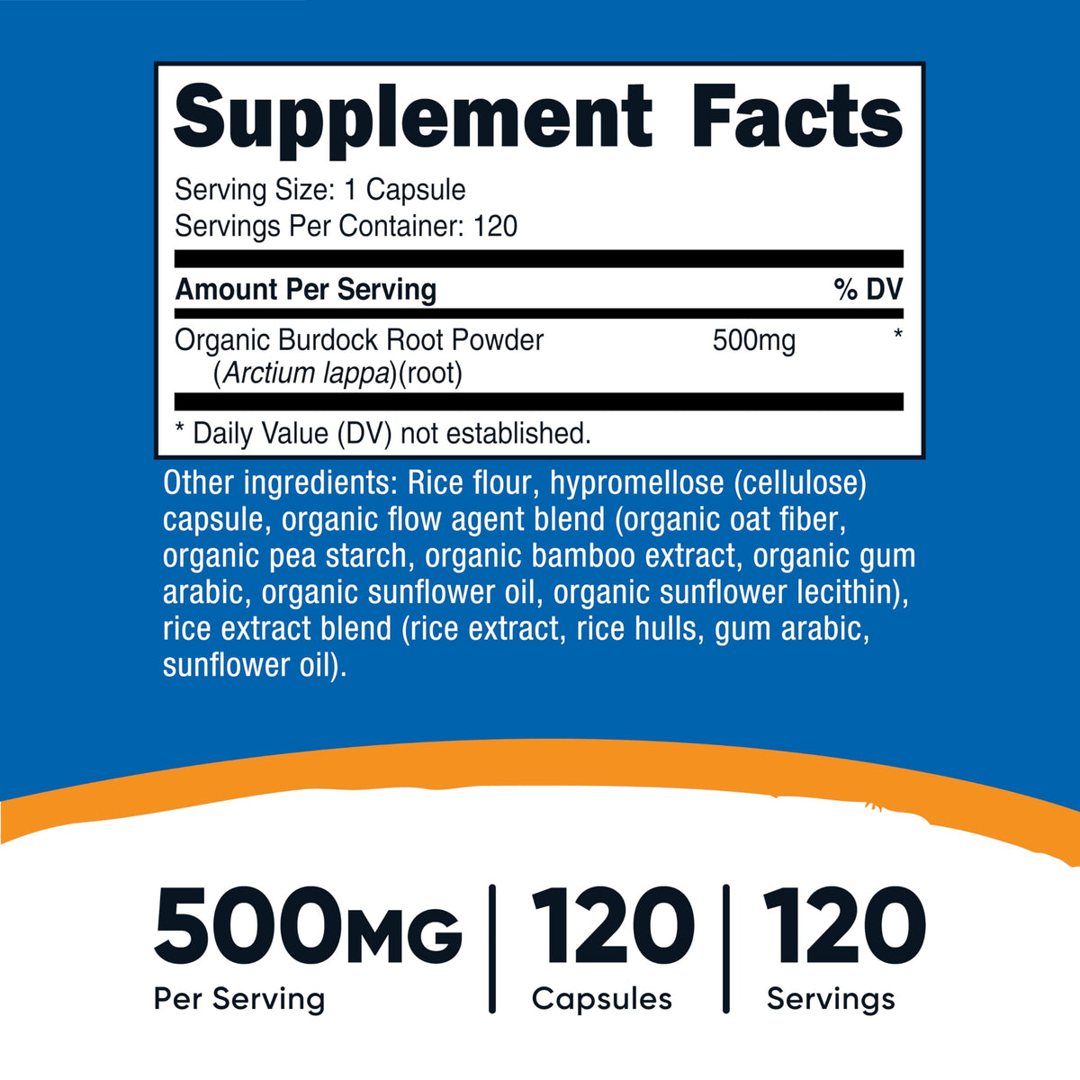 Nutricost Racine de Bardane 120 gélules, étiquette et informations