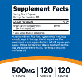 Nutricost Racine de Bardane 120 gélules, étiquette et informations