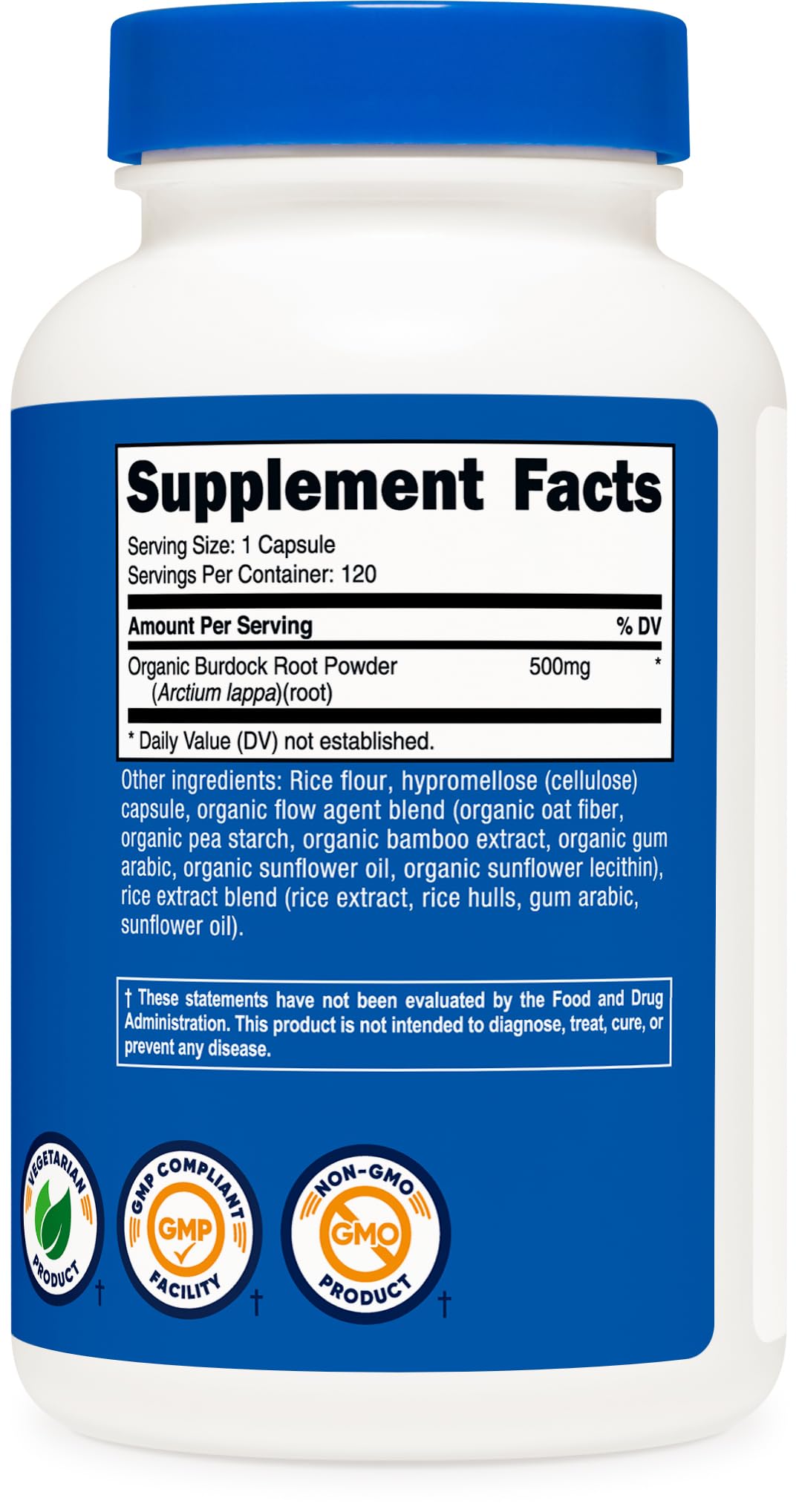Nutricost Racine de Bardane 500mg, vue de côté de la bouteille