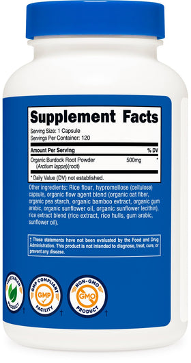 Nutricost Racine de Bardane 500mg, vue de côté de la bouteille