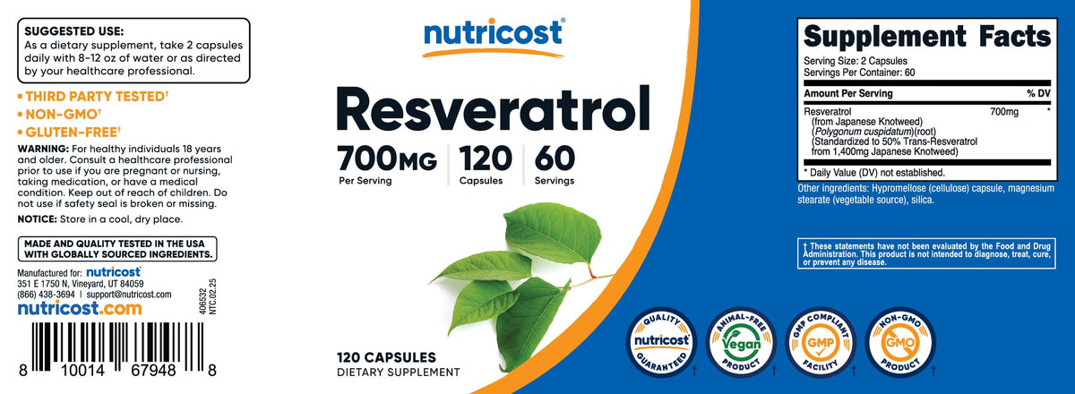 Nutricost Resveratrol 700mg capsules avec verre d'eau