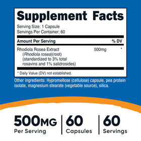 Nutricost Rhodiola Rosea 500mg capsule végétarienne en gros plan